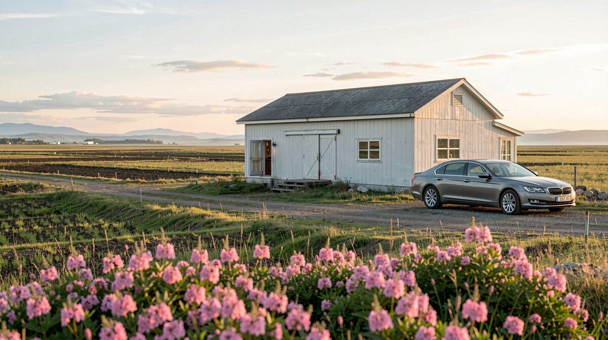 A low farm building on the flat Okhotsk plain of eastern Hokkaido at early evening in May, strip-fields and pink moss phlox in the foreground, a parked estate car and open door, shot at guest height in soft sideways light.