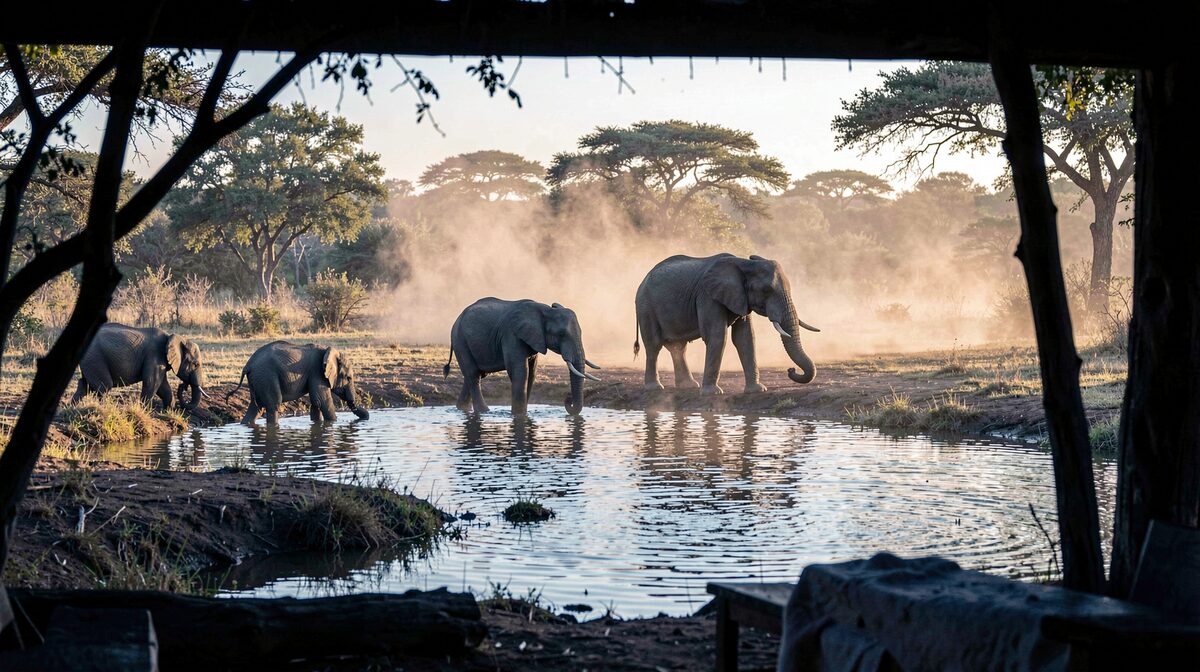 A waterhole in Kruger at first light, elephants drinking while dust rises behind them, framed from a low hide with cold blue shadows on the near bank.