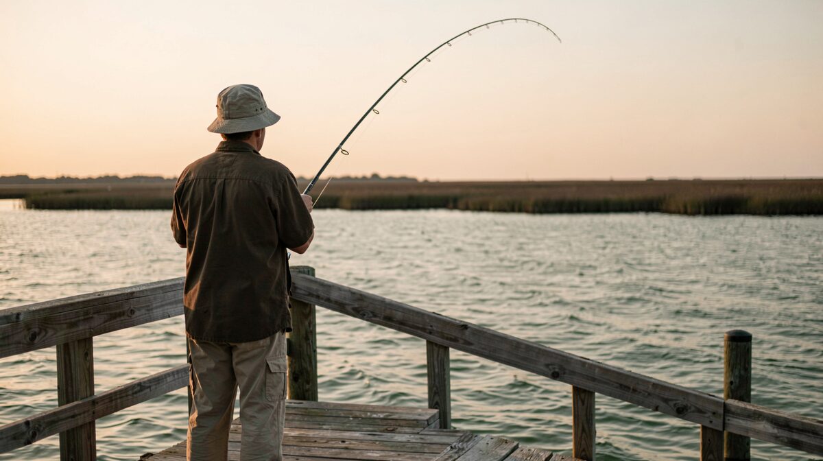 A lone angler in a bucket hat stands at the end of a weathered wooden pier at first light, rod bent over the rail, calm grey-green sound water and distant marsh grass under a low amber sky, shot from behind at rail height